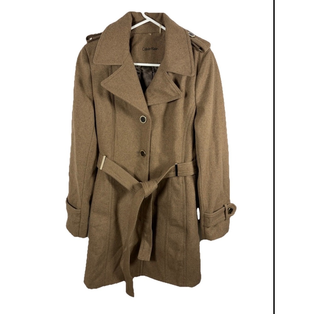 NWOT Calvin Klein‎ Trench Coat Belted Sz S Wool Blend Peacoat Tan Camel Brown